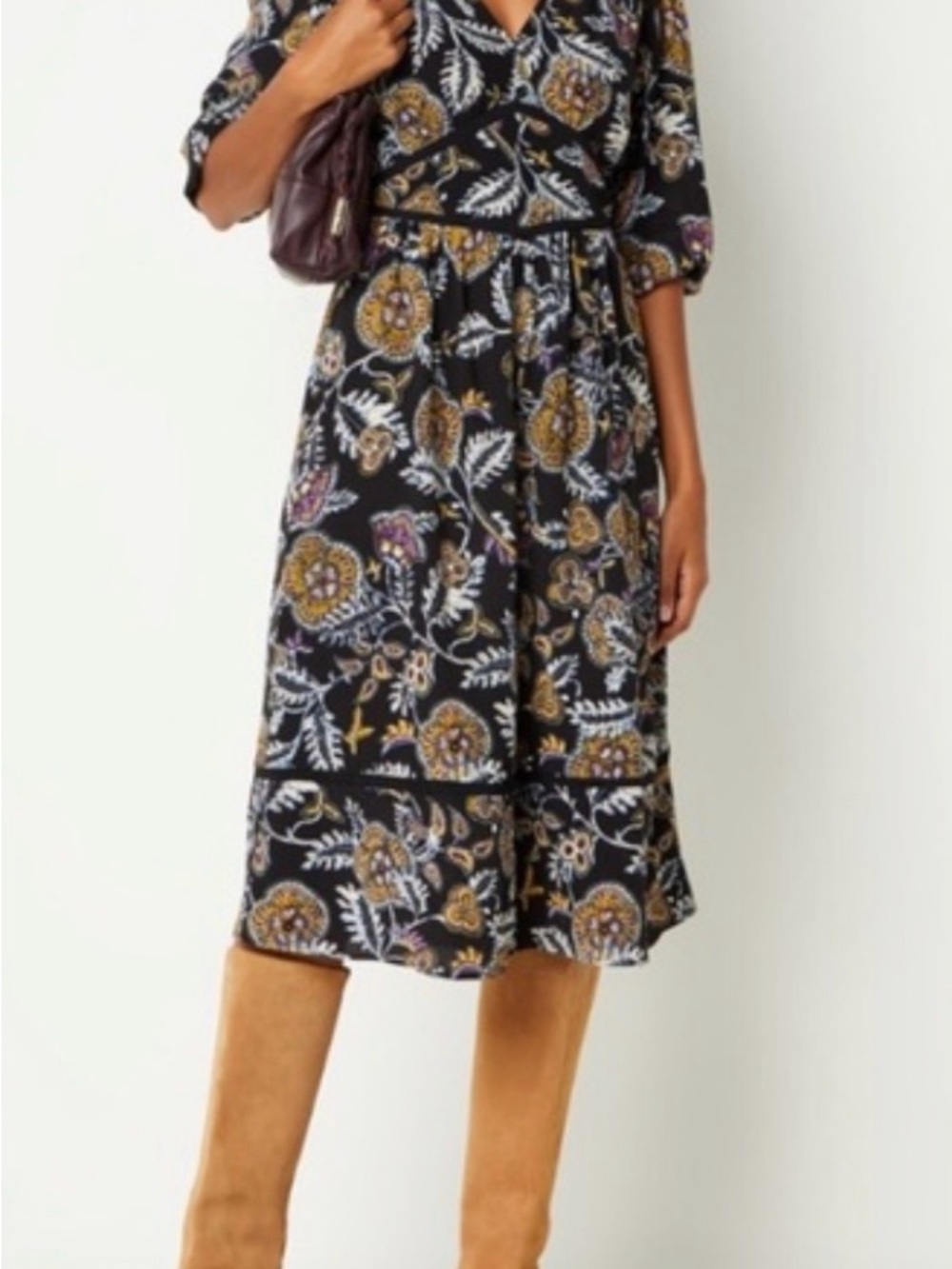 ba&sh Black Midi Dress with Mustard, White and Purple Floral Print